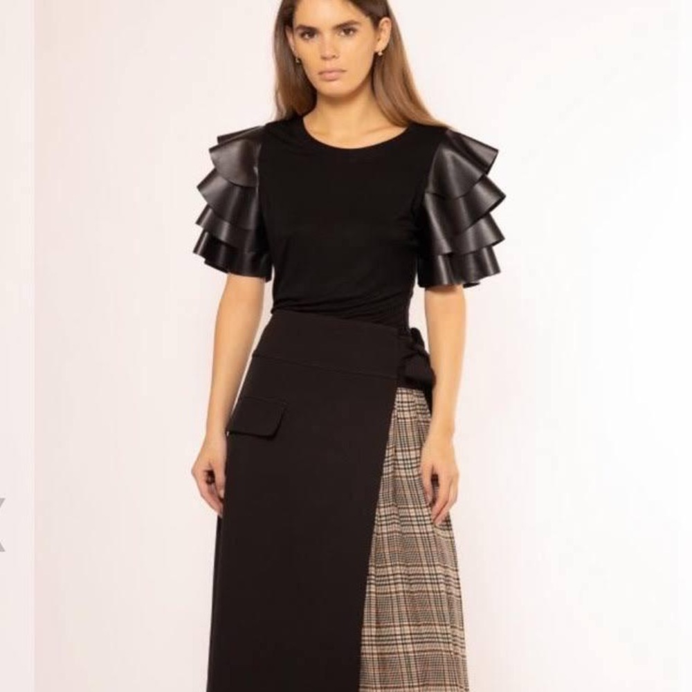 Gracia ruffled tiered wrap tie faux leather top